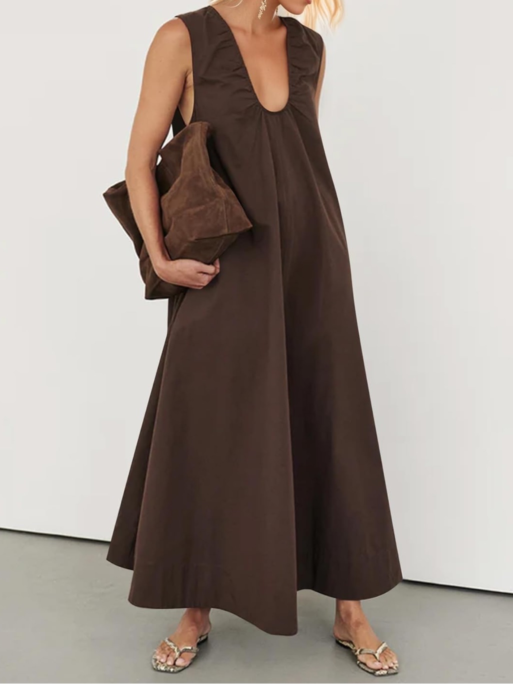Brown Sleeveless A-Line Midi Dress